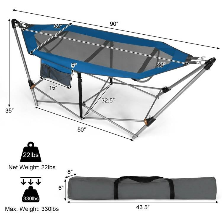 Blue Portable Camping Hammock Foldable with Stand